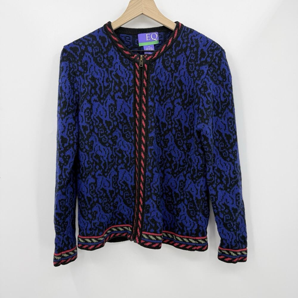 EQ Vintage Blue‎ Black Abstract Knit Zip Cardigan Sweater M Retro 90s Artsy Boho